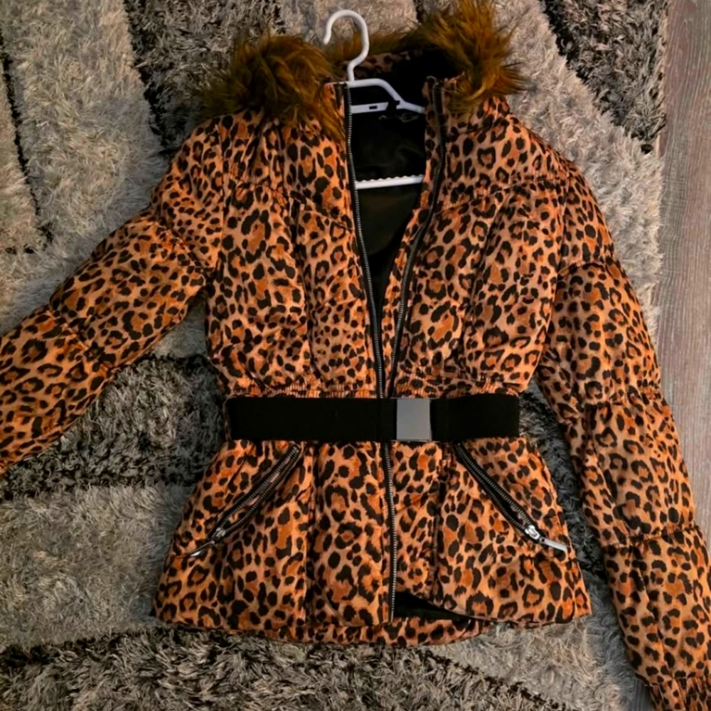 H&M Leopard Print Puffer Jacket with Faux Fur Hood